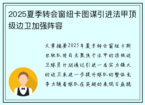 2025夏季转会窗纽卡图谋引进法甲顶级边卫加强阵容