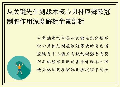 从关键先生到战术核心贝林厄姆欧冠制胜作用深度解析全景剖析